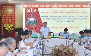 Nêu rõ tinh thần của Thủ tướng trong giải ngân vốn đầu tư công là "chỉ bàn làm, không bàn lùi", Phó Thủ tướng Lê Thành Long khẳng định, Thủ tướng Chính phủ sẽ chỉ đạo giải quyết ngay các vấn đề vượt thẩm quyền mà tỉnh báo cáo - Ảnh: VGP