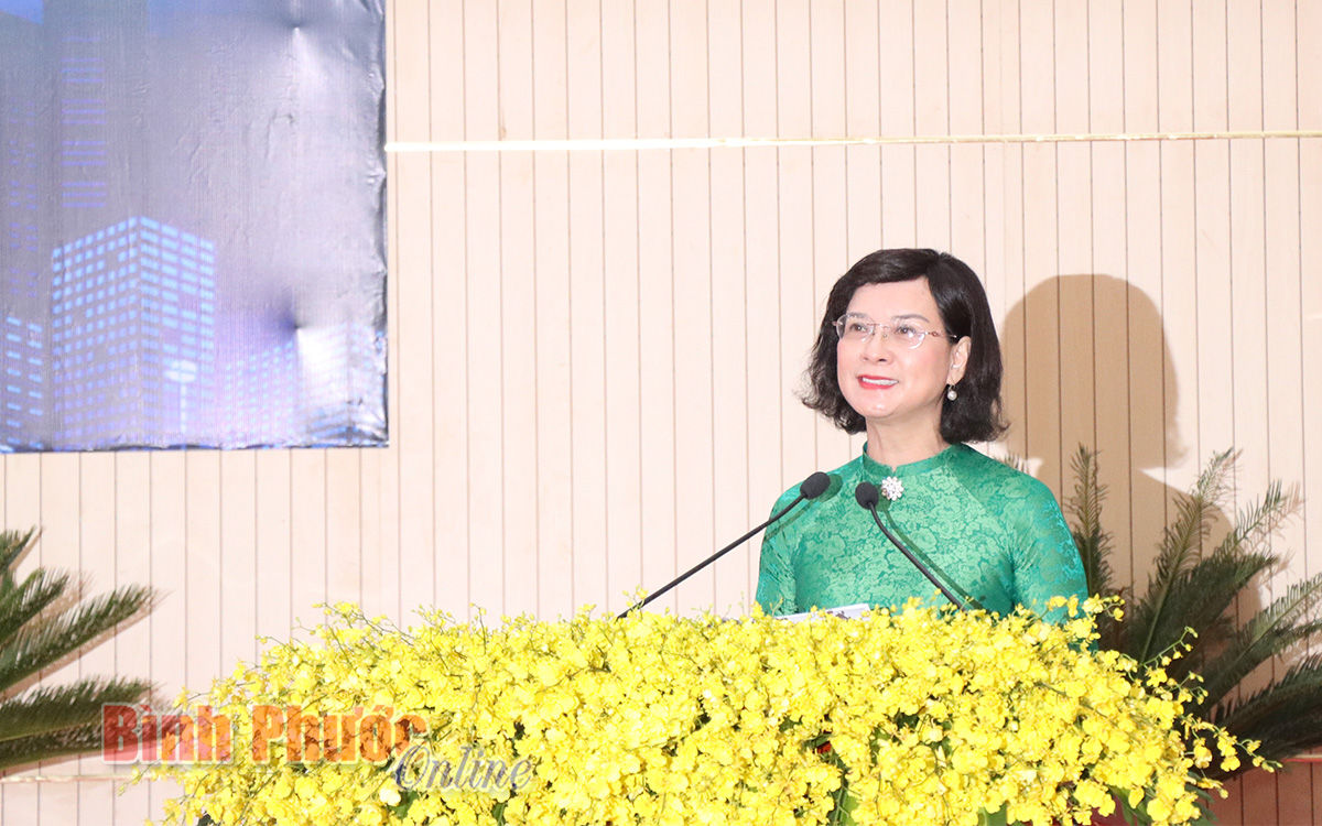 Ủy viên Ban Thường vụ Tỉnh ủy, Phó chủ tịch UBND tỉnh Trần Tuyết Minh phát biểu tại buổi họp mặt